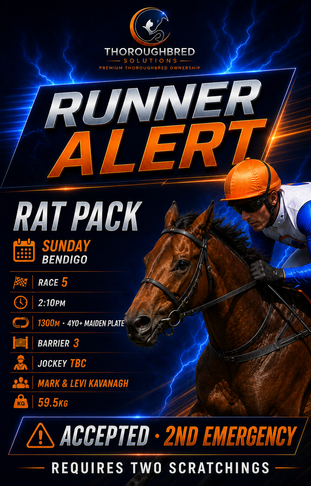 Runner Alert for Rat Pack, second emergency at Bendigo on Sunday 6 September 2026, Race 5