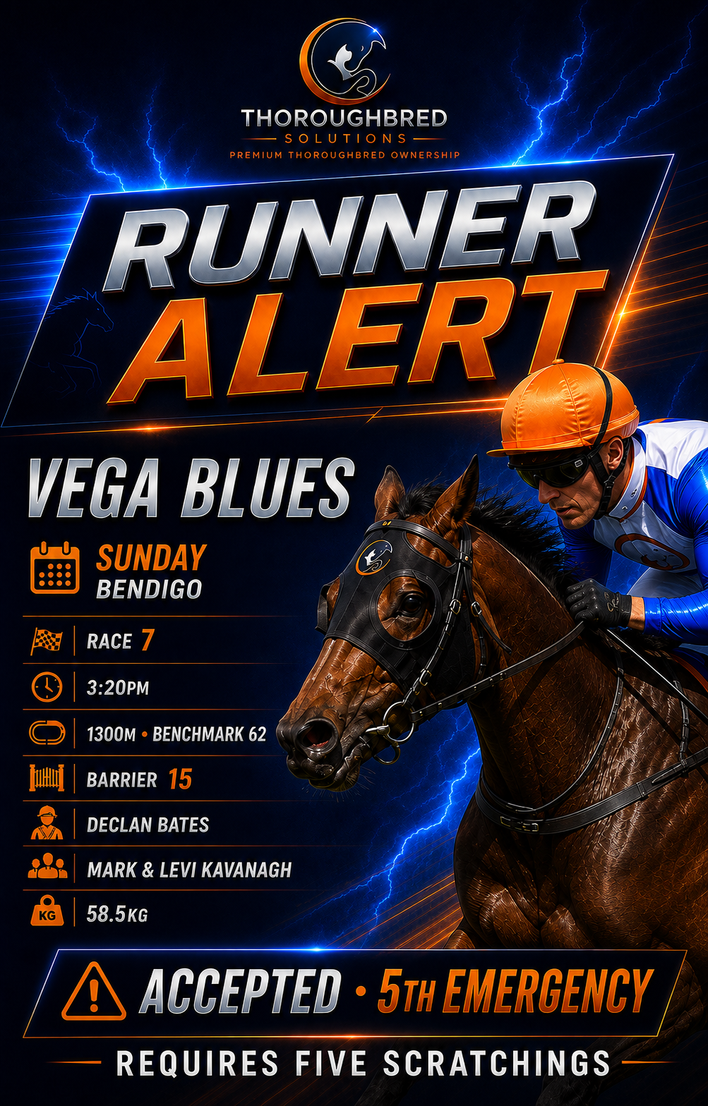 Runner Alert for Vega Blues, fifth emergency at Bendigo on Sunday 6 September 2026, Race 7